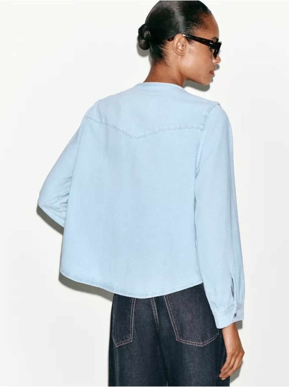 Zara Light Blue Soft Denim Tie-Neck Button Down Shirt Large NWT - Picture 3 of 13